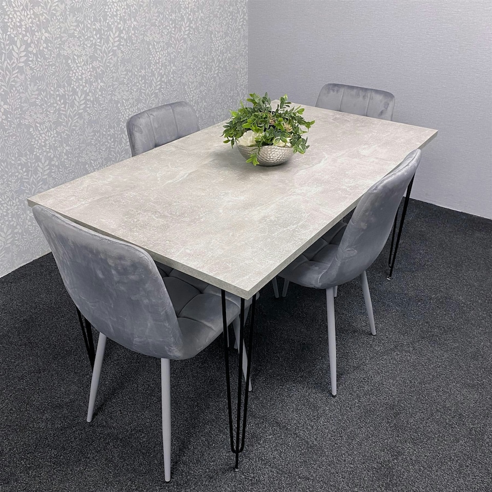 image 1 of Grey Dining Table with Hairpin Legs & 4 Grey Velvet Chairs Set for Kitchen & Dining Room Grey