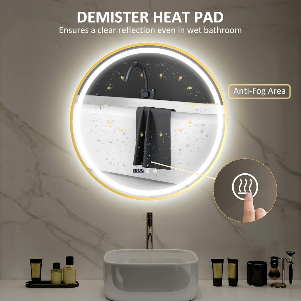 image 1 of HOMCOM 800mm Round Bathroom Mirror with LED Lights, Wall Mounted Backlit Illuminated Bathroom Mirror with Demister, 3 Colours Dimmable, Memory Function, Touch Switch, Time and Temp Display, Gold Tone