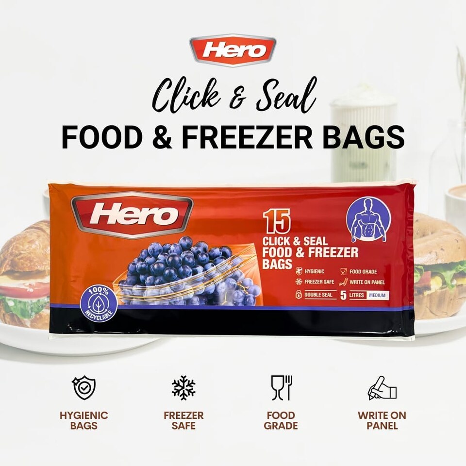 image 1 of Hero Sealable Freezer Bags 1.5L Pack of 15 Large Click Lock Food Storage Bags BPA Free for Fruits, Vegetables and Meal Prep