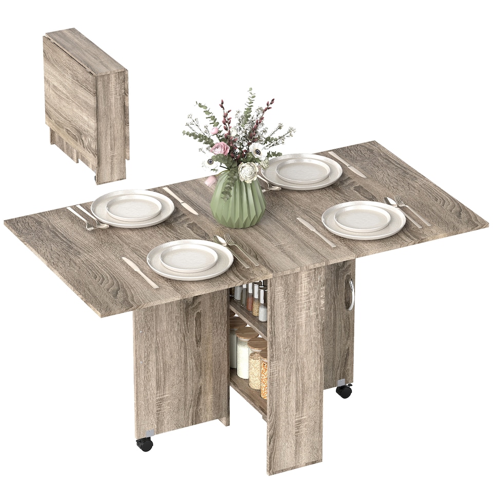 image 1 of HOMCOM Folding Dining Table, Drop Leaf Table with 2-Tier Shelves, Rolling Casters, for Small Spaces, Kitchen, Grey
