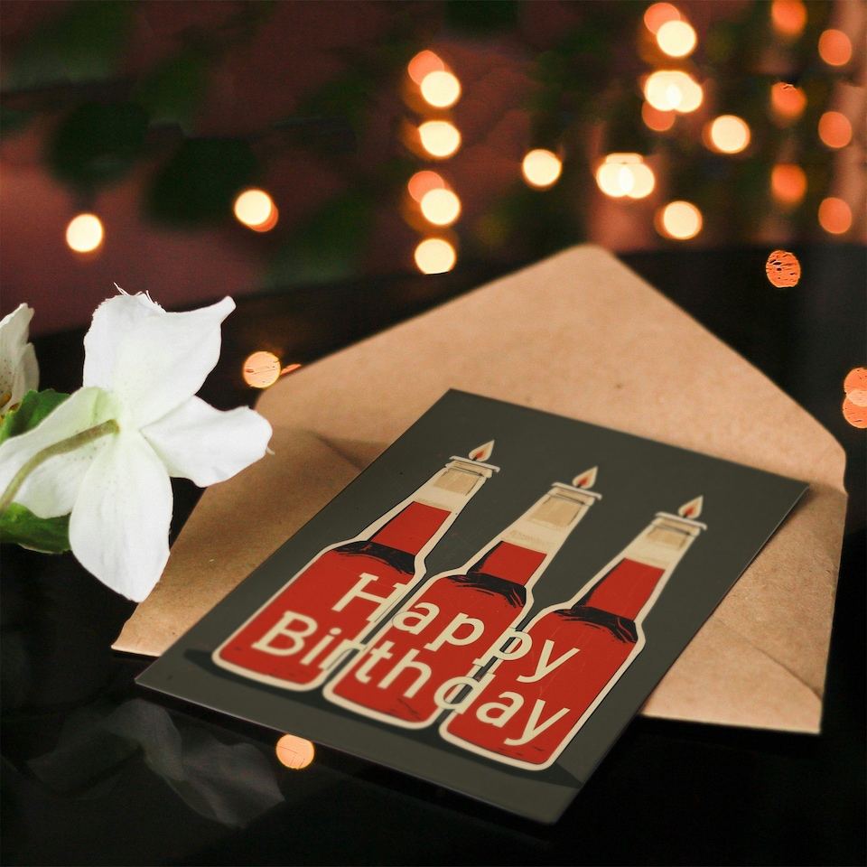 image 1 of Red Beer Bottle Candles Drawing For Him Birthday Card