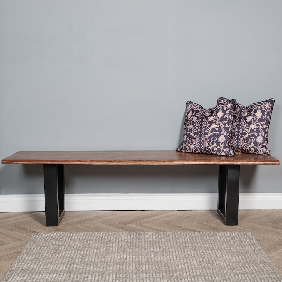 image 1 of Solid Mango Wooden Live Edge Dining Hall Shoe Bench Dark Oak Finish Metal 45cm High x 155cm Wide x 40cm Deep