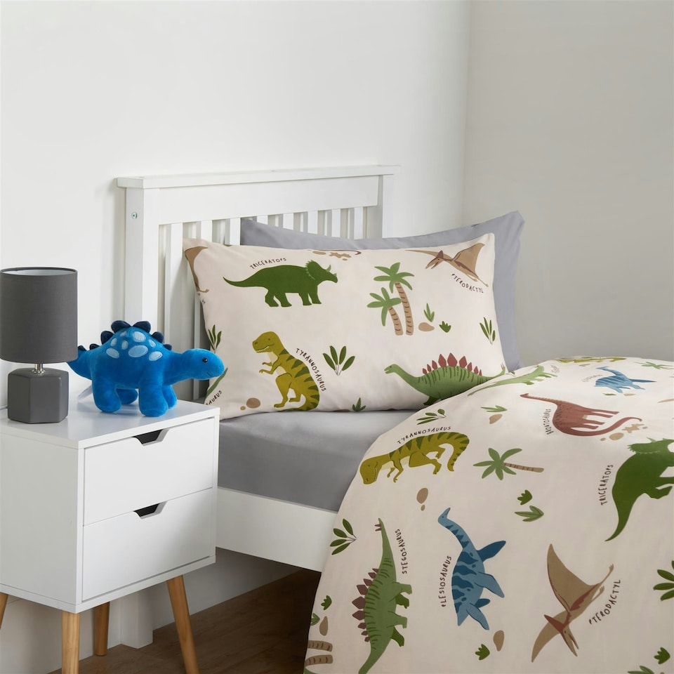 image 1 of OHS Dino Reversible Print Duvet Cover and Pillowcase Set, Single - Green