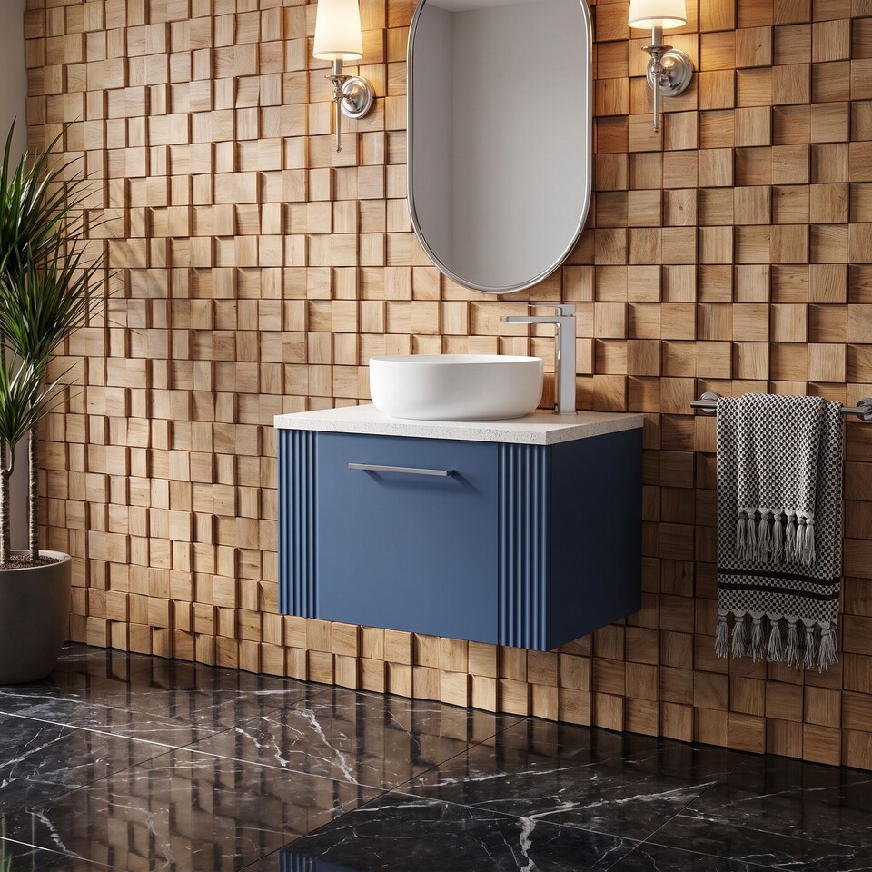 image 1 of Balterley Partial Fluted 1 Drawer Wall Hung Vanity Unit with Sparkling Laminate Worktop | Blue | Satin Blue