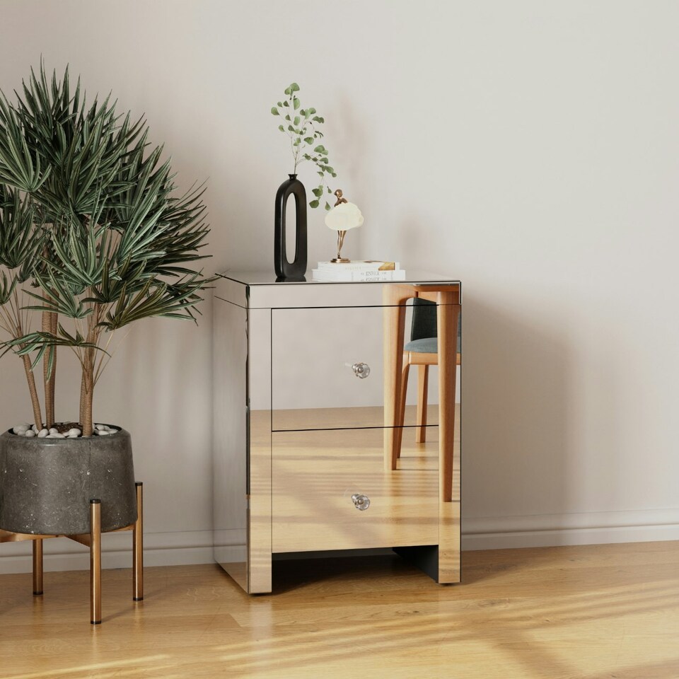 image 1 of Large 2 Drawer Mirrored Bedside Table with Crystal Handles