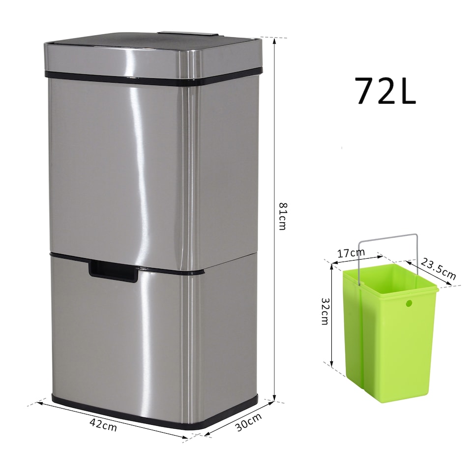 image 1 of HOMCOM 72L Recycling Sensor Bin Stainless Steel 3 Compartments For Both WetDry Waste wRemovable Lid  Kitchen Home | Chrome | 1
