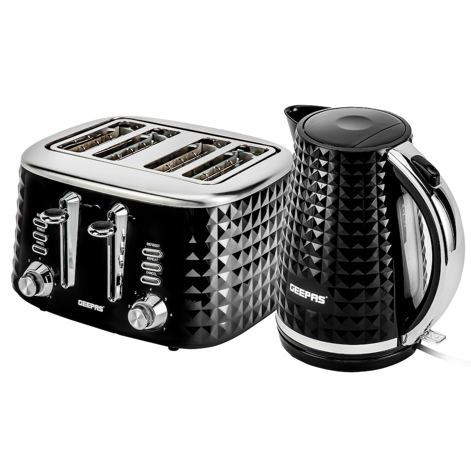 image 1 of GEEPAS 4 Slice Bread Toaster & 1.7L Cordless Electric Kettle Combo Set with Textured Design – Black