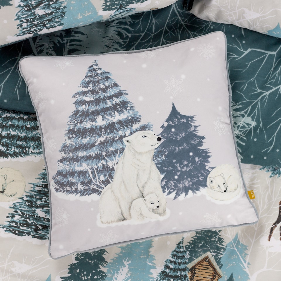 image 1 of Furn Arcticus Polar Bear Fleece Christmas Cushion, Blue, 45 x 45cm