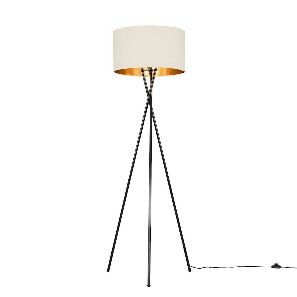 image 1 of ValueLights Camden Black Tripod Floor Lamp Beige & Gold Shade Cream