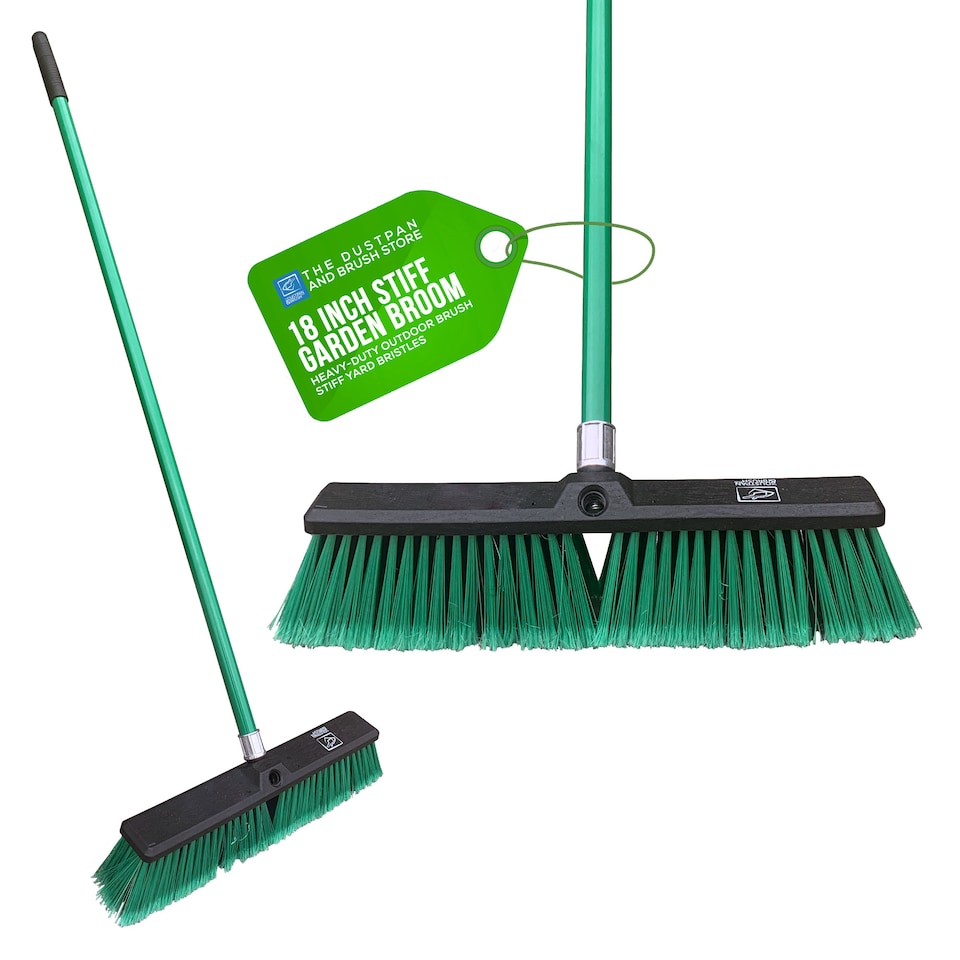 image 1 of Green 18" Heavy Duty Outdoor Yard Broom and Metal Handle