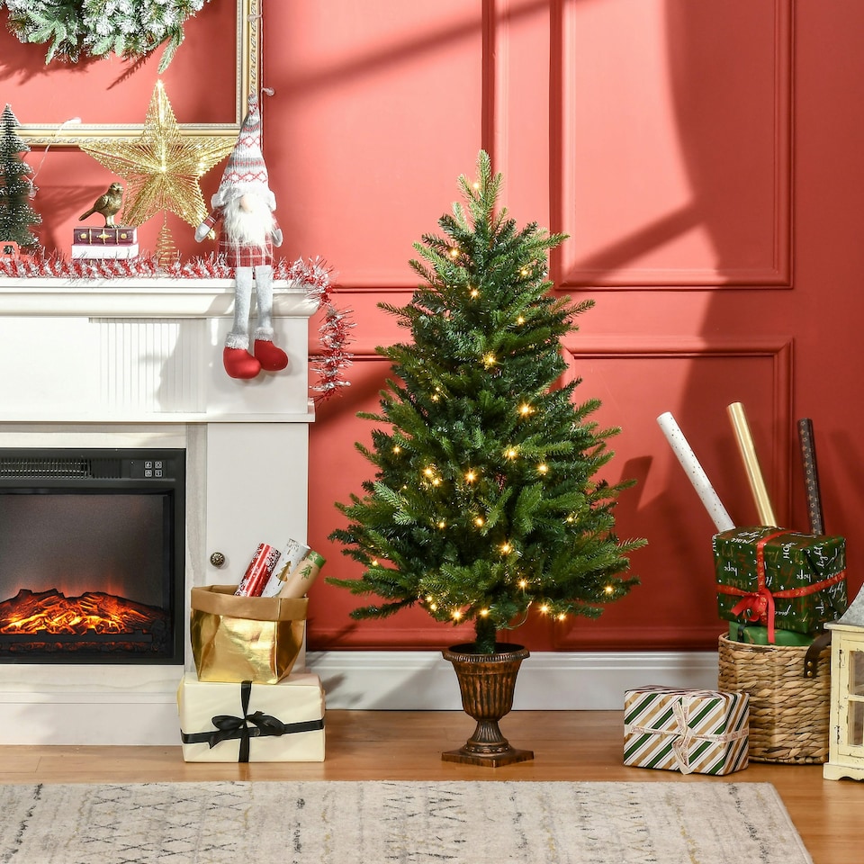 image 1 of HOMCOM 4FT Christmas Tree Spruce Entrance Décor W/ Clear LED Lights Vase Base