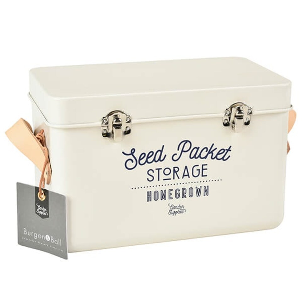 image 1 of Burgon & Ball Leather Handled Seed Packets Storage Tin - Stone