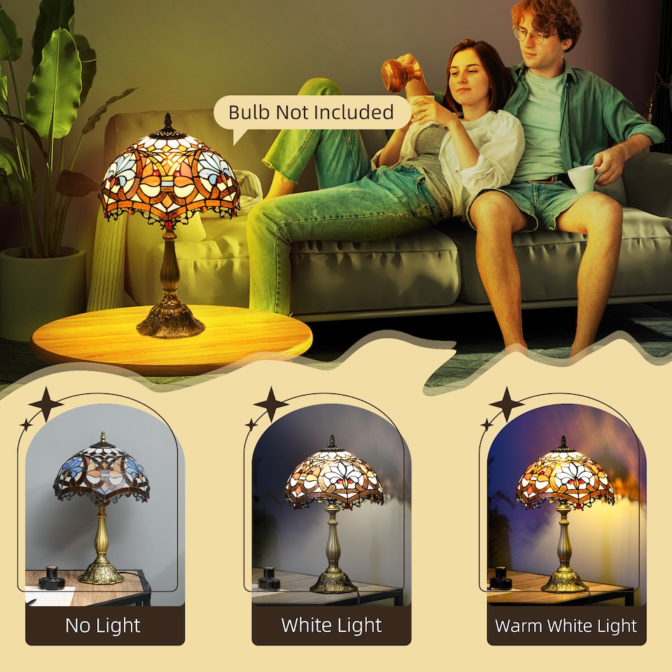 image 1 of HOMCOM Stained Glass Table Lamp, Handcrafted Artisan Collectible, Suitable for Living Room and Bedside, MultiColoured, 26 x 45Hcm, Zinc Alloy.