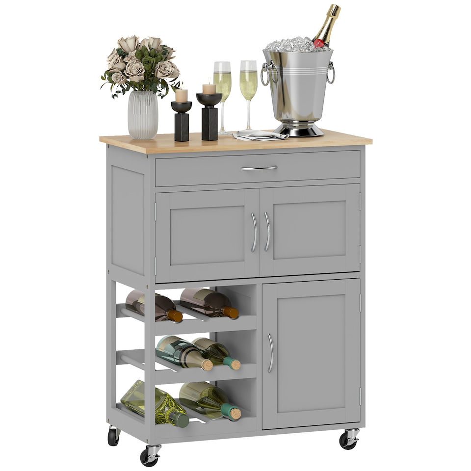 image 1 of HOMCOM Modern Kitchen Trolley, Rolling Island Storage Cart with Drawer, 9-bottle Wine Rack, Door Cabinets, Wooden Countertop, Grey