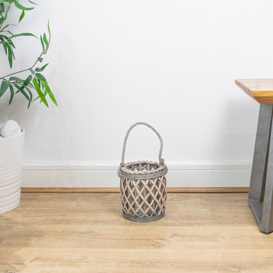 image 1 of JVL Luna Natural Willow Wood Lantern With Braided Rope Handle, Grey Wash