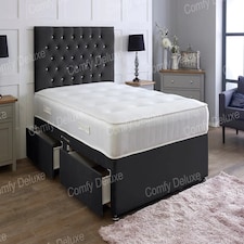 2ft6 Small Single Black Plush Velvet Divan Bed With Headboard & Memory Sprung Mattress 2 Drawers Same Side