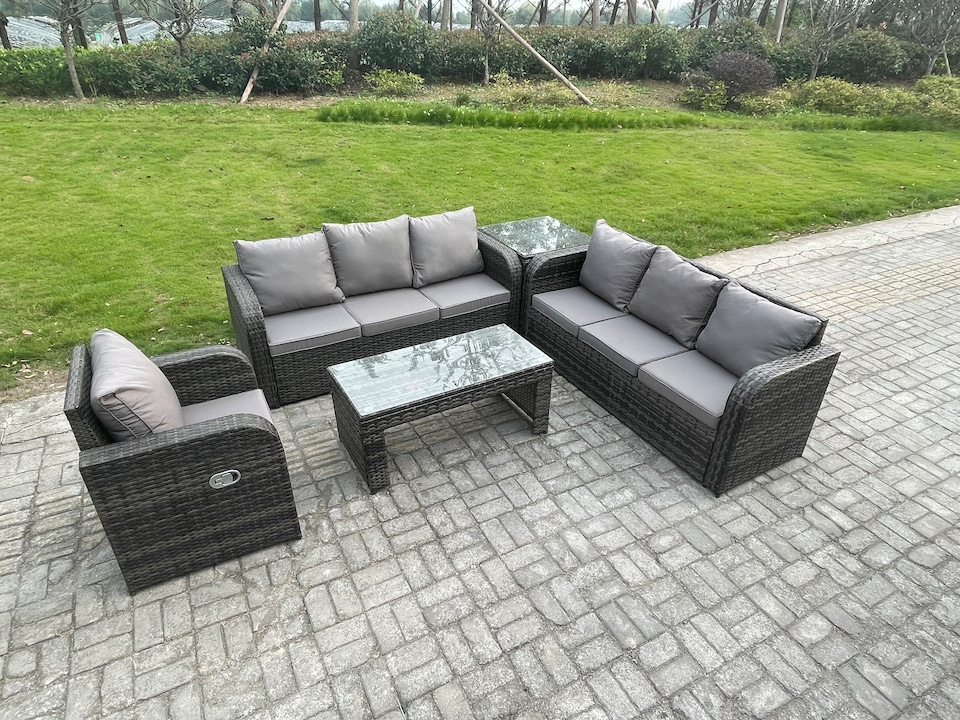 image 1 of Fimous 7 Seater Wicker PE Rattan Sofa Set Outdoor Patio Garden Furniture Set with Side Table Reclining Chairs Coffee Table Dark Grey Mixed