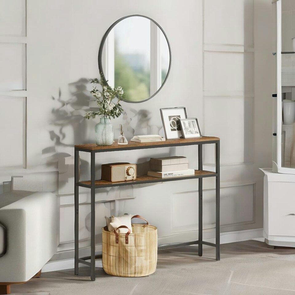 image 1 of Industrial Slim Console Table With 2 Shelves Rustic Brown Brown