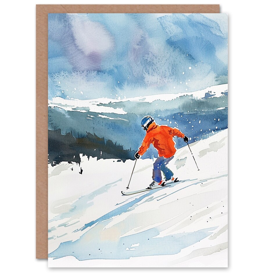 image 1 of Winter Sport Snow Ski Skiing Alps Watercolour Birthday Card