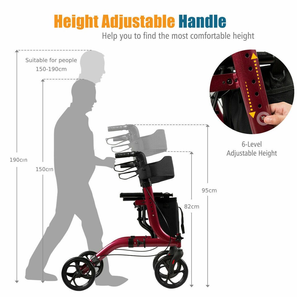 image 1 of COSTWAY Folding Rollator Walker Aluminium Mobility Aid Red