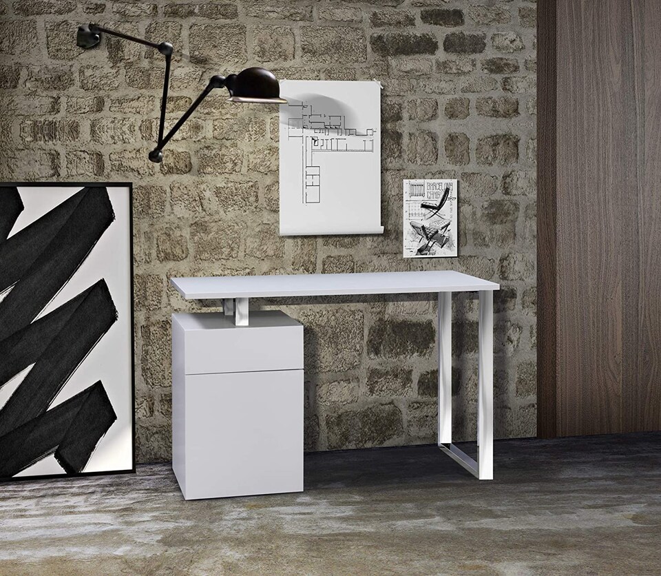 image 1 of Centurion Supports CALISTA Gloss White with Brushed Steel Legs 3-Drawer Contemporary Home Office Computer Desk | White | White | 1