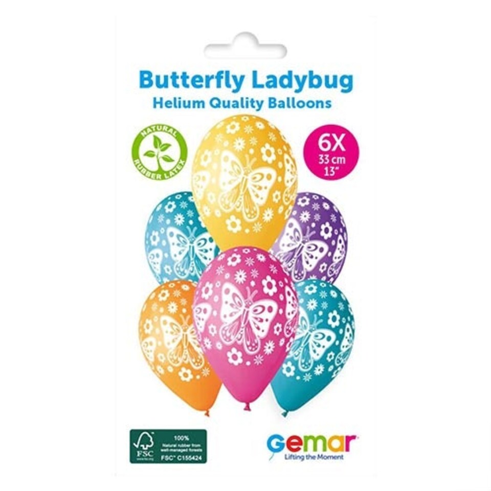 image 1 of Assorted Colour Butterfly Latex Balloons 33cm / 13 in - Pack of 6