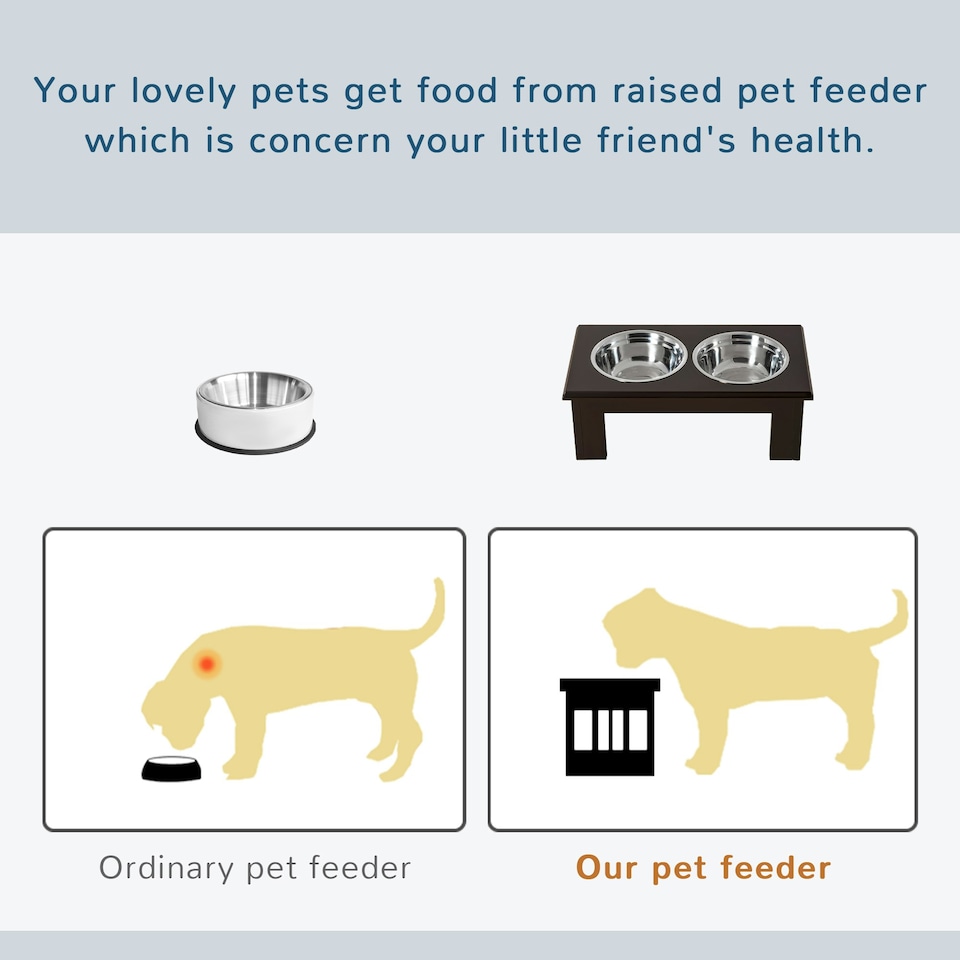 image 1 of PawHut Raised Dog Bowls Pet Feeder Raised Elevated Stainless Steel Food Brown