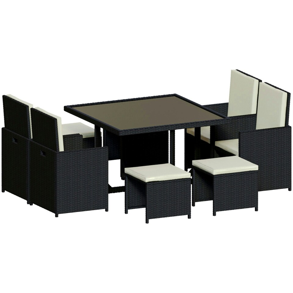 image 1 of Garden Vida Cuba 8 Seater Rattan Set Folding Chair Stool Dining Table Outdoor Garden Furniture, Black