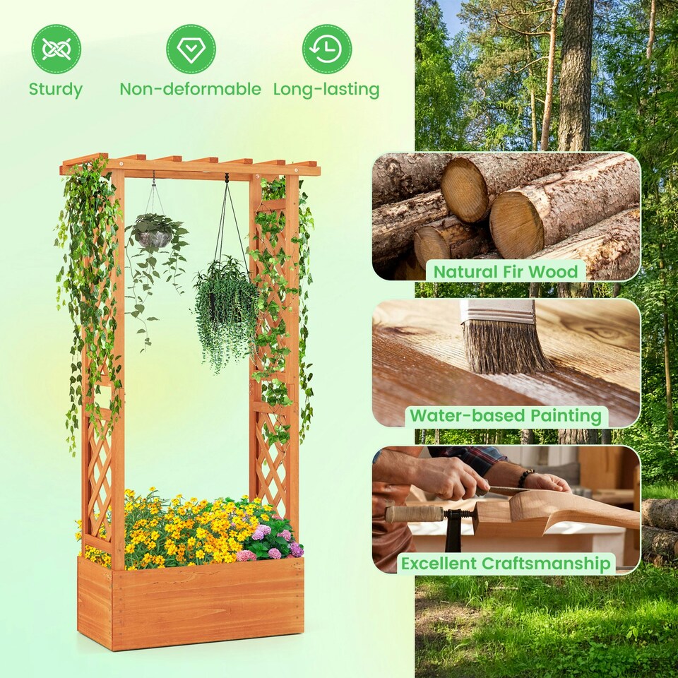 image 1 of COSTWAY Raised Garden Bed Wood Planter Box with Trellis Orange