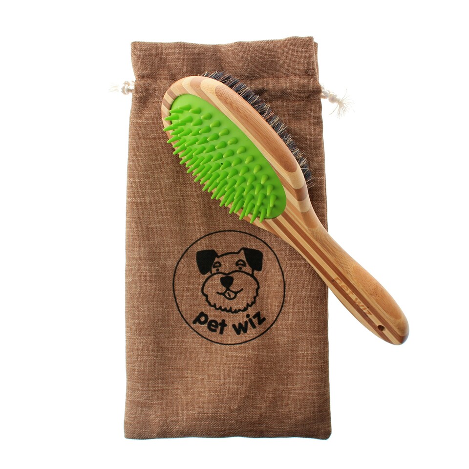 image 1 of Double Sided Bamboo Dog Brush with Silicone Massager for Grooming