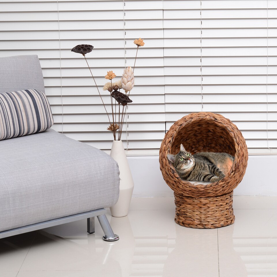 image 1 of PawHut Wicker Cat House, Raised Cat Bed with Cylindrical Base, 40 x 37 x 51 cm