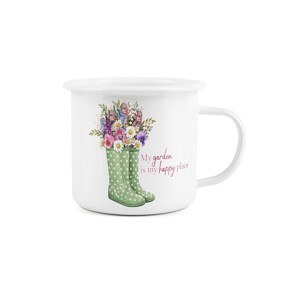 image 1 of My Garden Is My Happy Place Enamel Mug - Green