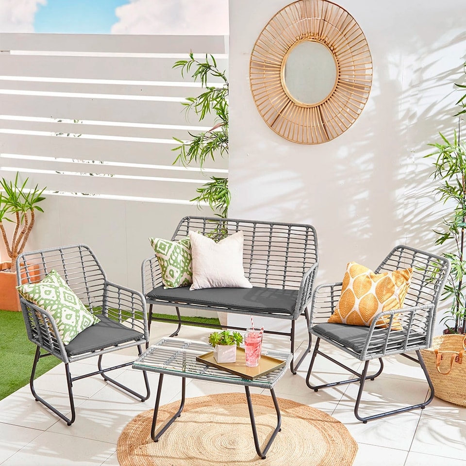 image 1 of Neo Grey 4 Piece Wicker Bamboo Style Garden Sofa, Table & Chairs Set
