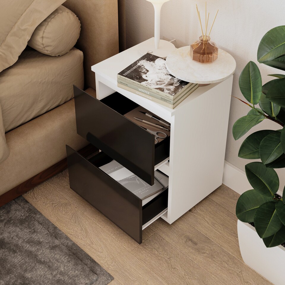 image 1 of Gloss 2 Drawer Skagen High Wooden Bedside Cabinet No Handle Drawer Storage | Multi | White & Black | 1