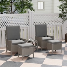 Outsunny 5 Piece Rattan Garden Furniture Set, Wicker Patio Sofa Set with 2 Armchairs, 2 Footstools, Glass Top Coffee Table with Shelf, Outdoor Furniture with Adjustable Backrests, Cushions, Dark Grey | Grey | Dark Grey | One Size