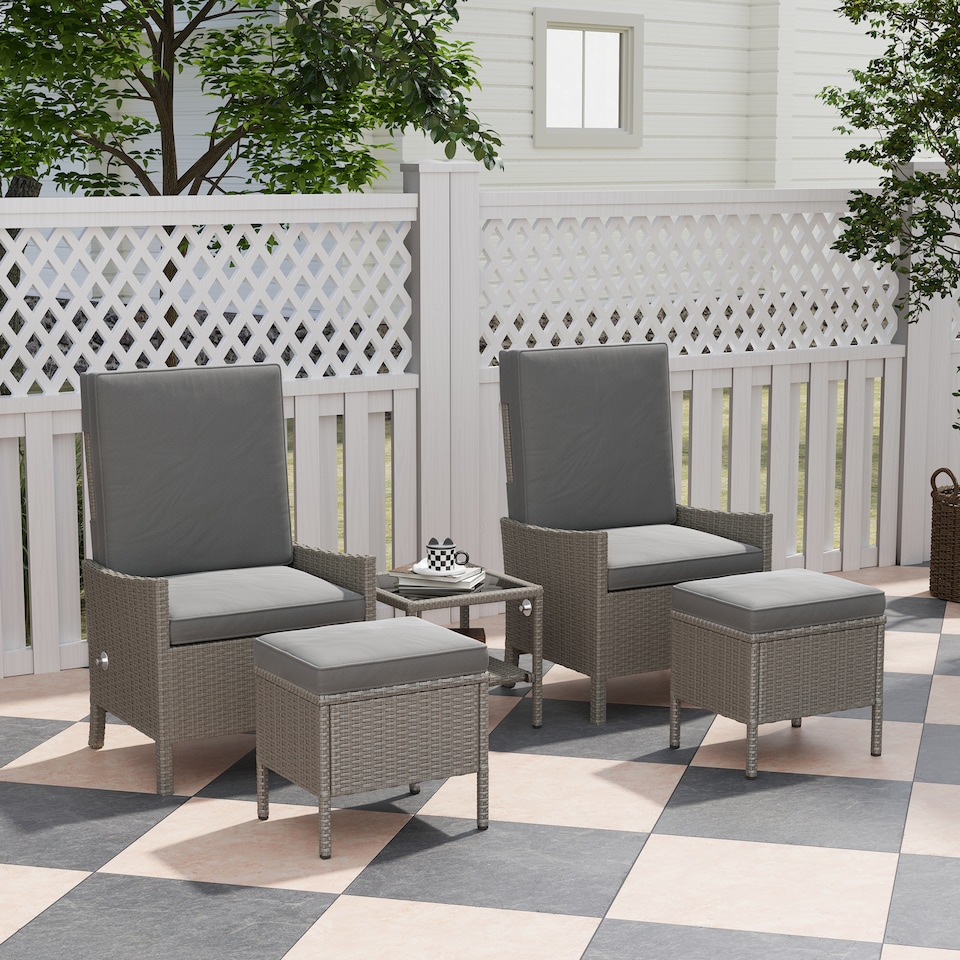 image 1 of Outsunny 5 Piece Rattan Garden Furniture Set, Wicker Patio Sofa Set with 2 Armchairs, 2 Footstools, Glass Top Coffee Table with Shelf, Outdoor Furniture with Adjustable Backrests, Cushions, Dark Grey | Grey | Dark Grey | One Size
