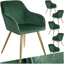 Chair Marilyn - with armrests, padded, velvet look, golden steel legs - Set of 6 Green | Dark Green/Gold
