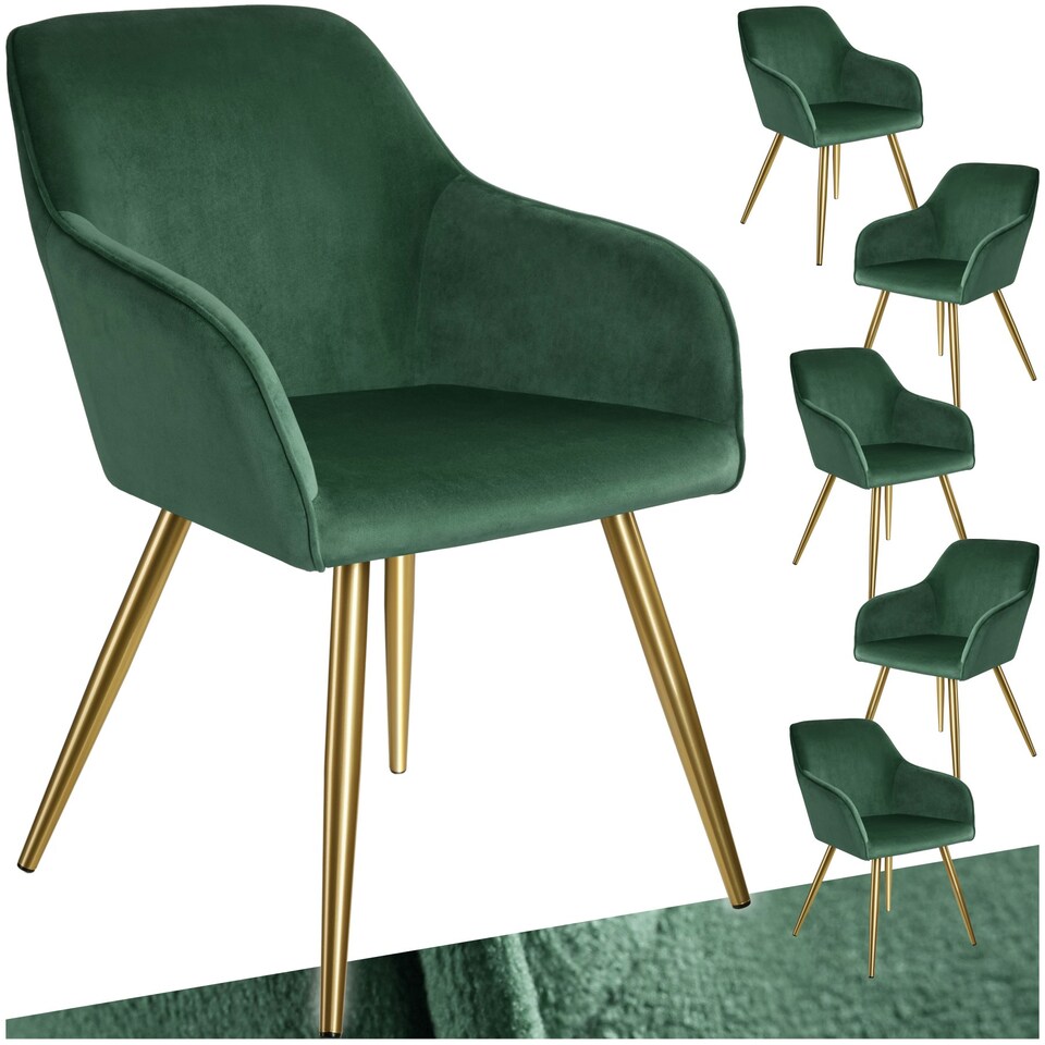 image 1 of Chair Marilyn - with armrests, padded, velvet look, golden steel legs - Set of 6 Green | Dark Green/Gold