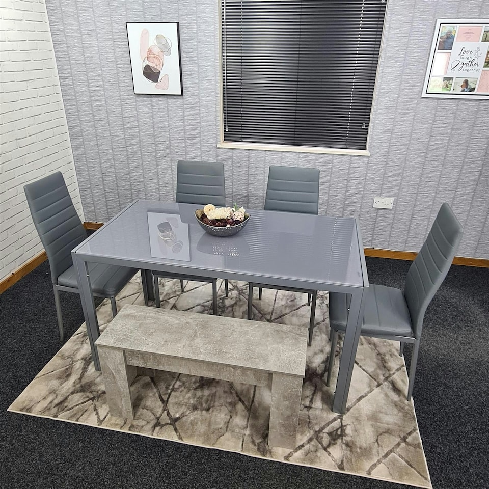 image 1 of Dining Table Set with 4 Chairs, and a Bench Dining Room and Kitchen table set of 4, and Grey Bench | Grey | 6