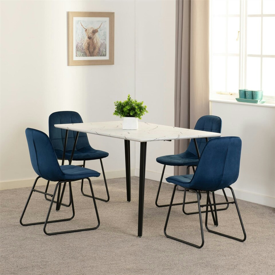 image 1 of Marlow Dining Set with Lukas Chairs White | White Marble/Sapphire Blue