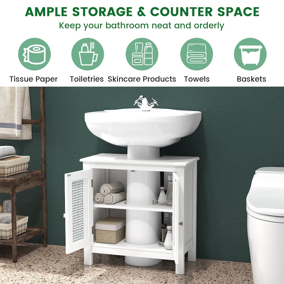 image 1 of COSTWAY Pedestal Sink Storage Cabinet with 2 Doors White