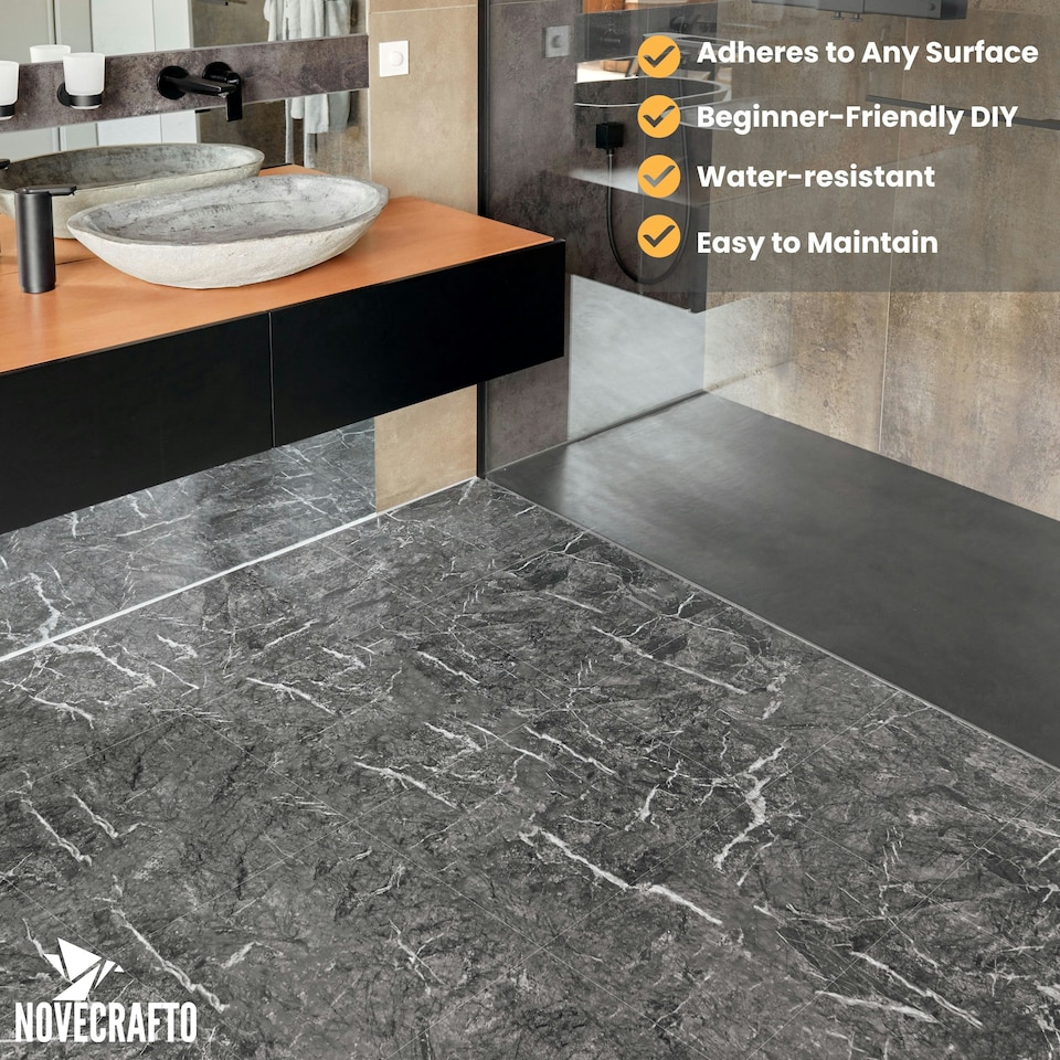 image 1 of NOVECRAFTO Self Adhesive Vinyl Floor Tiles - 6 Black Marble Peel & Stick Sheets 18"x18" (45.72x45.72cm) - Waterproof Square Vinyl Flooring for Kitchen Black | 6.27