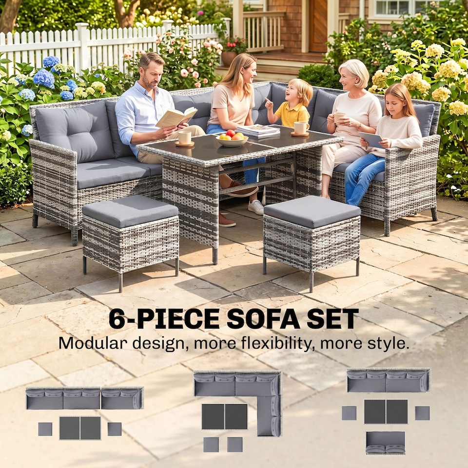 image 1 of Outsunny 6 PCs Patio wicker Sofa Set Rattan Chair Furniture w/ Glass & Cushioned