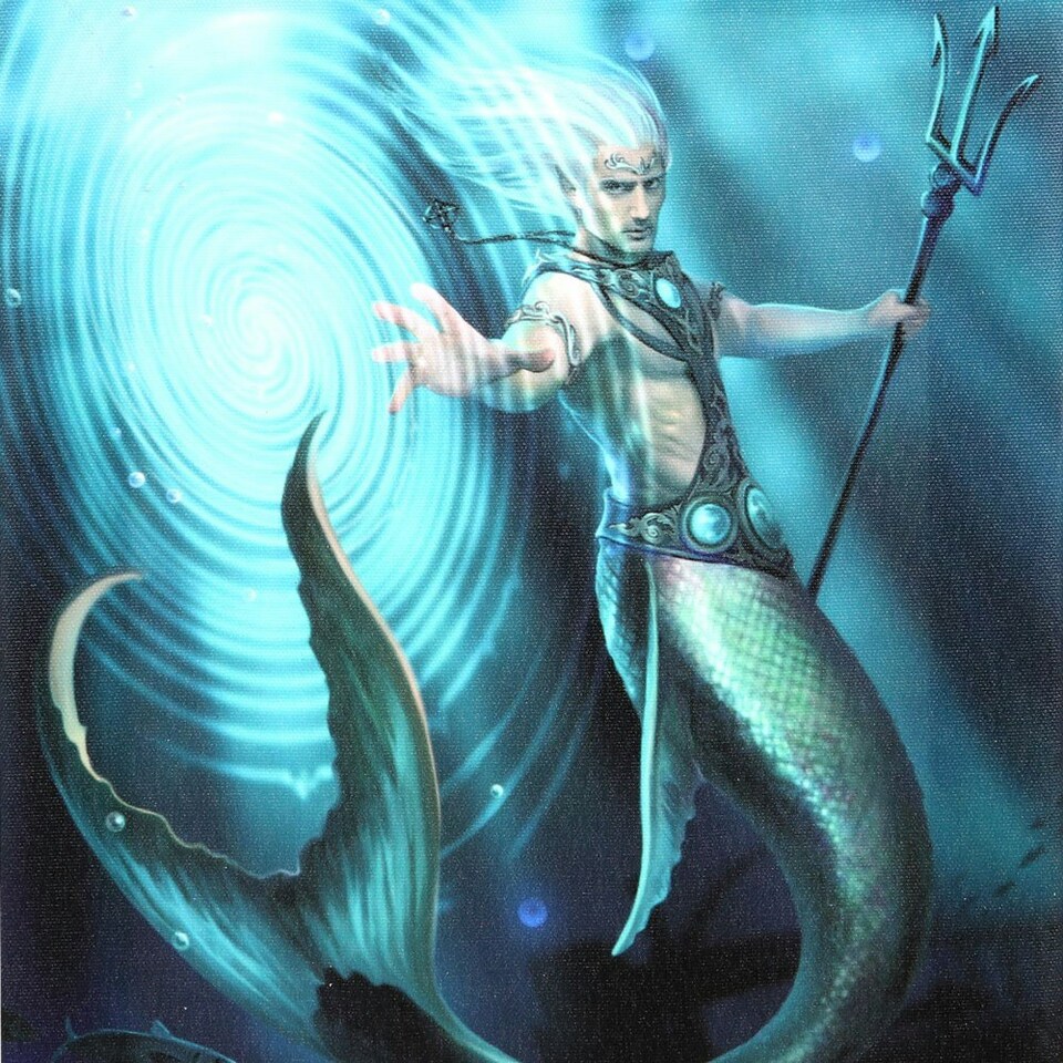 image 1 of Anne Stokes Water Elemental Wizard Canvas Plaque - Light Blue/Navy - 25cm x 19cm