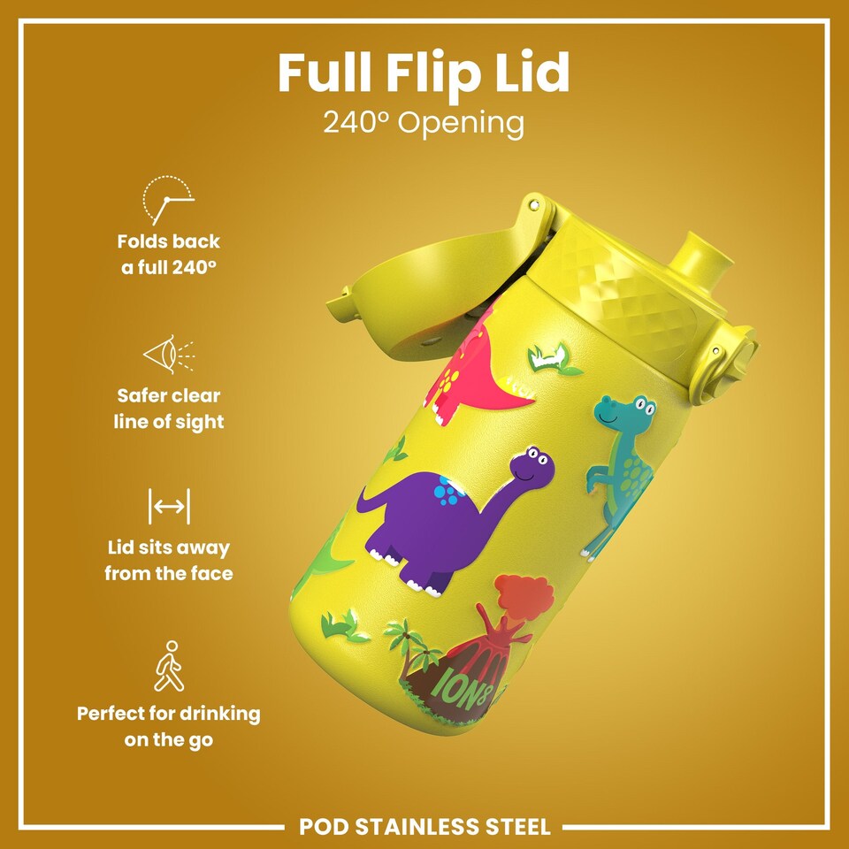 image 1 of Leak Proof Kids Water Bottle, Stainless Steel, 400ml (13oz) | Yellow | Dinosaur | One Size