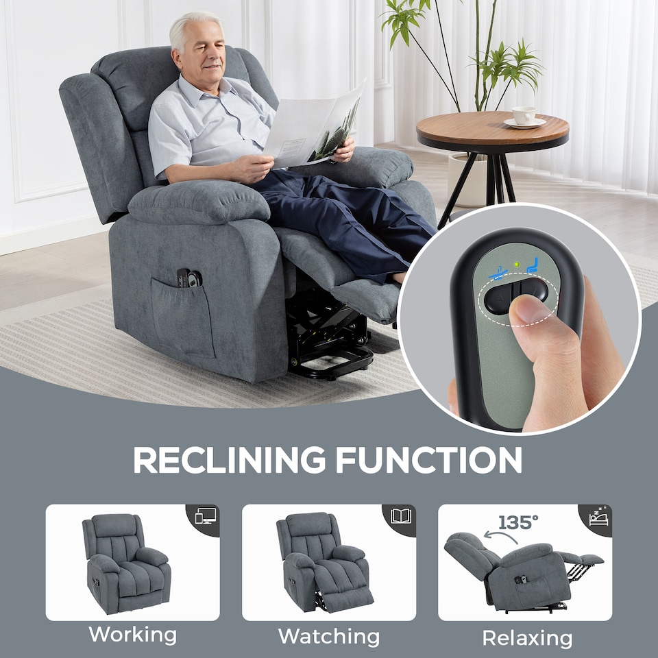 image 1 of HOMCOM Power Lift Recliner Chair with Massage, Linen Overstuffed Lift Chair for Elderly, Electric Recliner Armchair with Footrest, Remote Control and Side Pocket, for Living Room, Grey | Grey | Grey