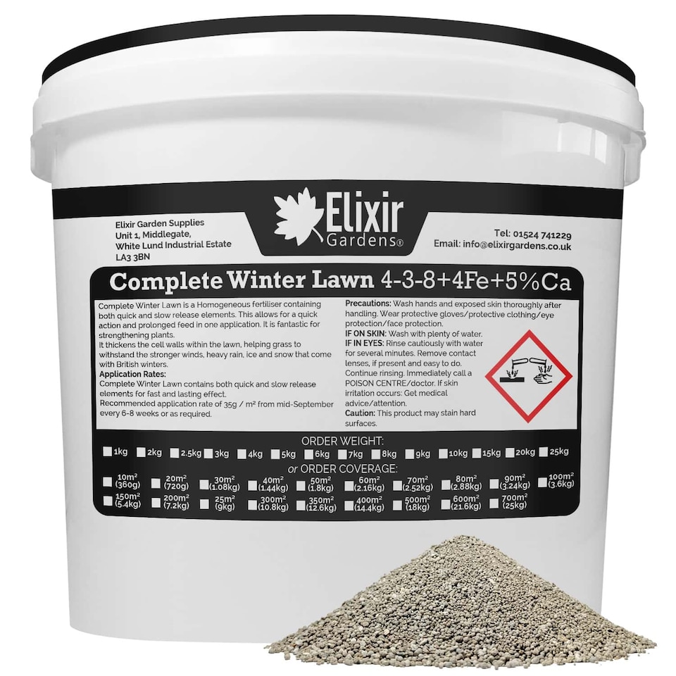 image 1 of Elixir Gardens Complete Winter & Autumn Lawn Feed/Fertiliser with Iron & Calcium 4-3-8+4Fe x 3kg Tub