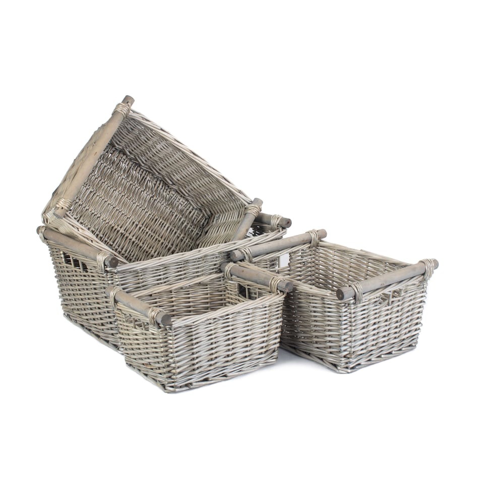 image 1 of Set of 4 Antique Wash Wooden Handled Wicker Storage Basket | Grey | Grey | Not provided