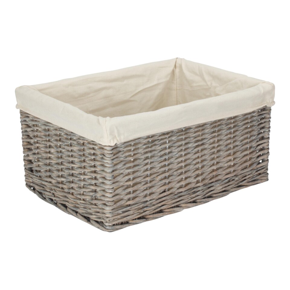 image 1 of Large Grey Wash White Cotton Lined Willow Storage Baskets | Brown | White | L | 1