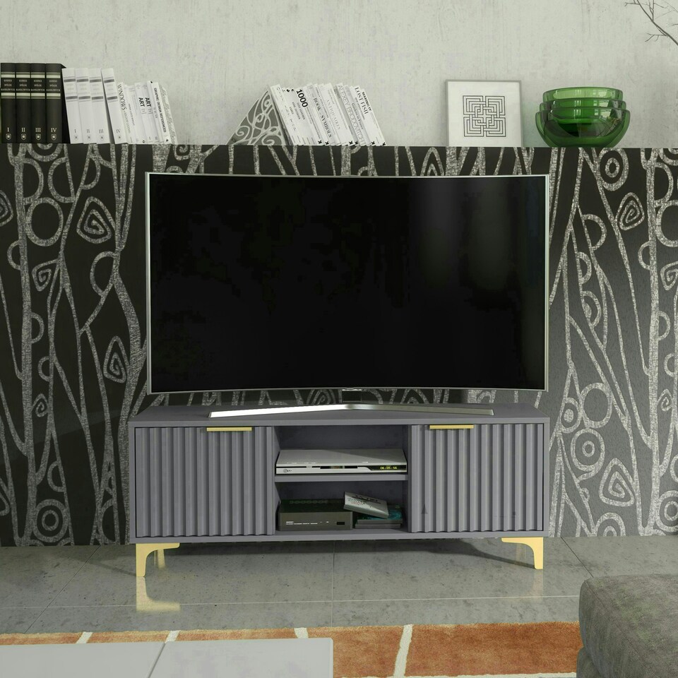 image 1 of Bold TV unit 120cm grey ribbed fronts gold accents Grey